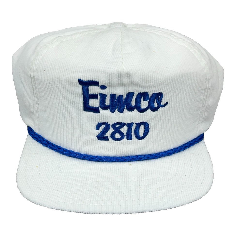 Vintage Eimco Trucker Hat Cap White Blue Corduroy Patch Rope 90s WV Coal Mining